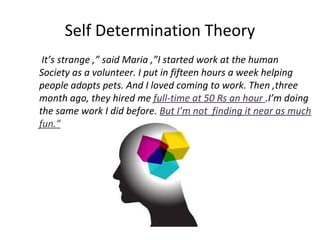 Self Determination Theory
It’s strange ,” said Maria ,”I started work at the human
Society as a volunteer. I put in fifteen hours a week helping
people adopts pets. And I loved coming to work. Then ,three
month ago, they hired me full-time at 50 Rs an hour .I’m doing
the same work I did before. But I’m not finding it near as much
fun.”
 