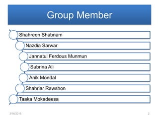 Group Member
Shahreen Shabnam
Nazdia Sarwar
Jannatul Ferdous Munmun
Subrina Ali
Anik Mondal
Shahriar Rawshon
Taaka Mokadeesa
3/16/2015 2
 