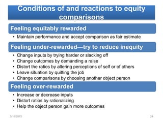 Conditions of and reactions to equity
comparisons
Feeling equitably rewarded
• Maintain performance and accept comparison as fair estimate
Feeling under-rewarded—try to reduce inequity
• Change inputs by trying harder or slacking off
• Change outcomes by demanding a raise
• Distort the ratios by altering perceptions of self or of others
• Leave situation by quitting the job
• Change comparisons by choosing another object person
Feeling over-rewarded
• Increase or decrease inputs
• Distort ratios by rationalizing
• Help the object person gain more outcomes
3/16/2015 24
 