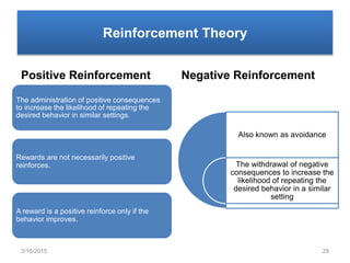 Reinforcement Theory
Positive Reinforcement
The administration of positive consequences
to increase the likelihood of repeating the
desired behavior in similar settings.
Rewards are not necessarily positive
reinforces.
A reward is a positive reinforce only if the
behavior improves.
Negative Reinforcement
Also known as avoidance
The withdrawal of negative
consequences to increase the
likelihood of repeating the
desired behavior in a similar
setting
3/16/2015 29
 
