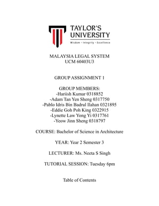 MALAYSIA LEGAL SYSTEM
UCM 60403U3
GROUP ASSIGNMENT 1
GROUP MEMBERS:
-Hariish Kumar 0318852
-Adam Tan Yen Sheng 0317750
-Pablo Idris Bin Badrul Ilahan 0321895
-Eddie Goh Poh King 0322915
-Lynette Law Yong Yi 0317761
-Yeow Jinn Sheng 0318797
COURSE: Bachelor of Science in Architecture
YEAR: Year 2 Semester 3
LECTURER: Ms. Neeta S Singh
TUTORIAL SESSION: Tuesday 6pm
Table of Contents
 