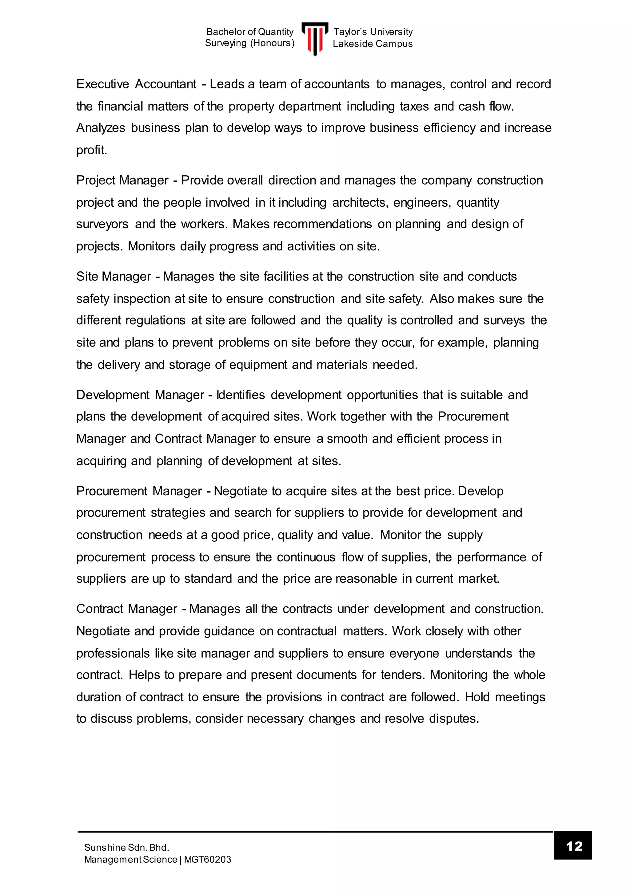 Taylor’s University
Lakeside Campus
12Sunshine Sdn.Bhd.
ManagementScience | MGT60203
Bachelor of Quantity
Surveying (Honours)
Executive Accountant - Leads a team of accountants to manages, control and record
the financial matters of the property department including taxes and cash flow.
Analyzes business plan to develop ways to improve business efficiency and increase
profit.
Project Manager - Provide overall direction and manages the company construction
project and the people involved in it including architects, engineers, quantity
surveyors and the workers. Makes recommendations on planning and design of
projects. Monitors daily progress and activities on site.
Site Manager - Manages the site facilities at the construction site and conducts
safety inspection at site to ensure construction and site safety. Also makes sure the
different regulations at site are followed and the quality is controlled and surveys the
site and plans to prevent problems on site before they occur, for example, planning
the delivery and storage of equipment and materials needed.
Development Manager - Identifies development opportunities that is suitable and
plans the development of acquired sites. Work together with the Procurement
Manager and Contract Manager to ensure a smooth and efficient process in
acquiring and planning of development at sites.
Procurement Manager - Negotiate to acquire sites at the best price. Develop
procurement strategies and search for suppliers to provide for development and
construction needs at a good price, quality and value. Monitor the supply
procurement process to ensure the continuous flow of supplies, the performance of
suppliers are up to standard and the price are reasonable in current market.
Contract Manager - Manages all the contracts under development and construction.
Negotiate and provide guidance on contractual matters. Work closely with other
professionals like site manager and suppliers to ensure everyone understands the
contract. Helps to prepare and present documents for tenders. Monitoring the whole
duration of contract to ensure the provisions in contract are followed. Hold meetings
to discuss problems, consider necessary changes and resolve disputes.
 