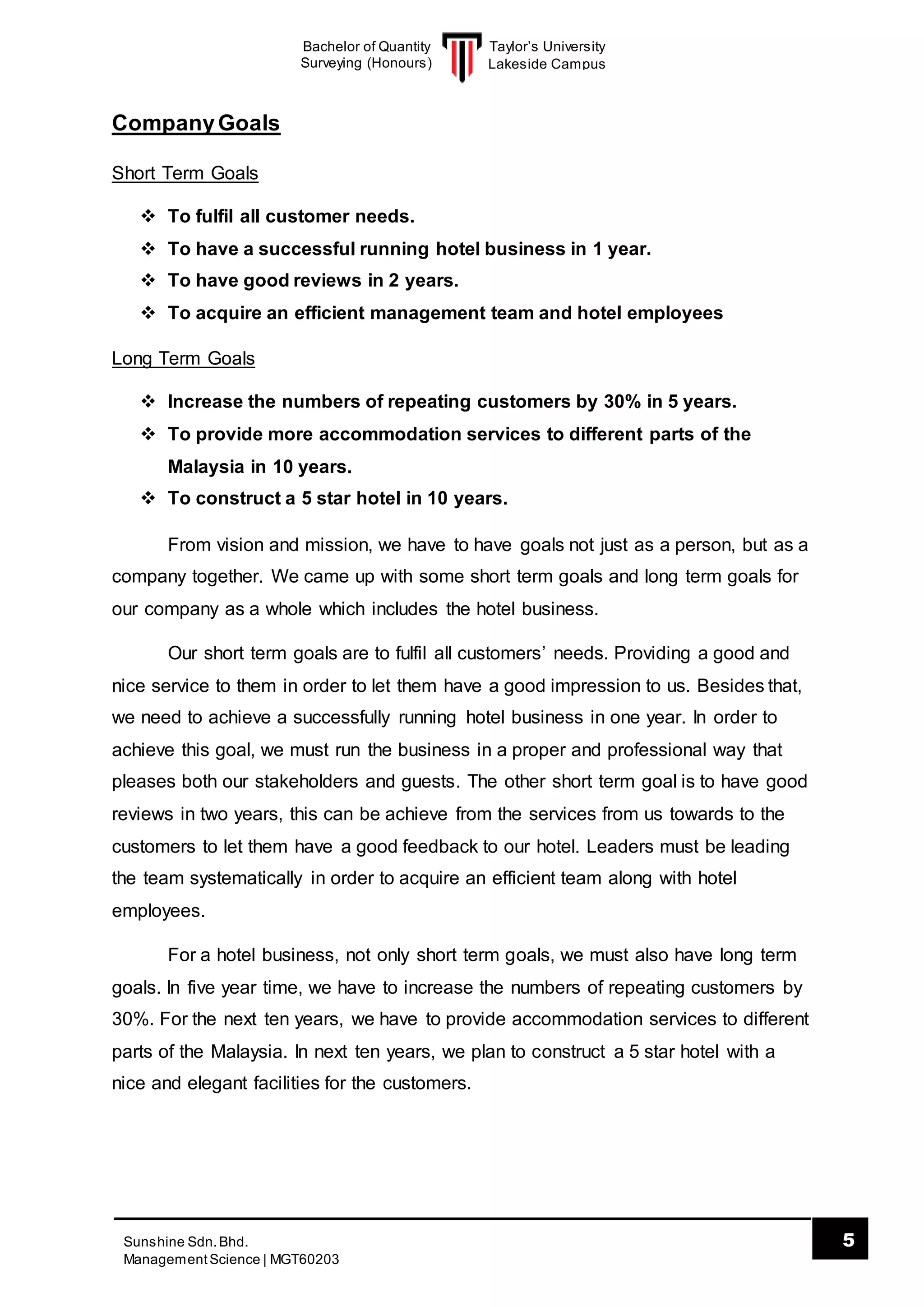 Taylor’s University
Lakeside Campus
5Sunshine Sdn.Bhd.
ManagementScience | MGT60203
Bachelor of Quantity
Surveying (Honours)
CompanyGoals
Short Term Goals
 To fulfil all customer needs.
 To have a successful running hotel business in 1 year.
 To have good reviews in 2 years.
 To acquire an efficient management team and hotel employees
Long Term Goals
 Increase the numbers of repeating customers by 30% in 5 years.
 To provide more accommodation services to different parts of the
Malaysia in 10 years.
 To construct a 5 star hotel in 10 years.
From vision and mission, we have to have goals not just as a person, but as a
company together. We came up with some short term goals and long term goals for
our company as a whole which includes the hotel business.
Our short term goals are to fulfil all customers’ needs. Providing a good and
nice service to them in order to let them have a good impression to us. Besides that,
we need to achieve a successfully running hotel business in one year. In order to
achieve this goal, we must run the business in a proper and professional way that
pleases both our stakeholders and guests. The other short term goal is to have good
reviews in two years, this can be achieve from the services from us towards to the
customers to let them have a good feedback to our hotel. Leaders must be leading
the team systematically in order to acquire an efficient team along with hotel
employees.
For a hotel business, not only short term goals, we must also have long term
goals. In five year time, we have to increase the numbers of repeating customers by
30%. For the next ten years, we have to provide accommodation services to different
parts of the Malaysia. In next ten years, we plan to construct a 5 star hotel with a
nice and elegant facilities for the customers.
 