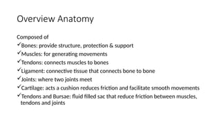 Overview Anatomy
Composed of
Bones: provide structure, protection & support
Muscles: for generating movements
Tendons: connects muscles to bones
Ligament: connective tissue that connects bone to bone
Joints: where two joints meet
Cartilage: acts a cushion reduces friction and facilitate smooth movements
Tendons and Bursae: fluid filled sac that reduce friction between muscles,
tendons and joints
 