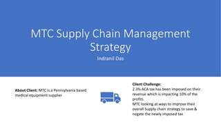 MTC Supply Chain Management
Strategy
Indranil Das
About Client: MTC is a Pennsylvania based
medical equipment supplier
Client Challenge:
2.3% ACA tax has been imposed on their
revenue which is impacting 10% of the
profits.
MTC looking at ways to improve their
overall Supply chain strategy to save &
negate the newly imposed tax
 