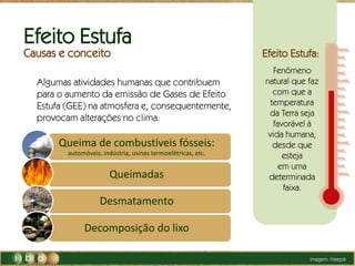 Efeito Estufa:
Queima de combustíveis fósseis:
automóveis, indústria, usinas termoelétricas, etc.
Queimadas
Desmatamento
Decomposição do lixo
Algumas atividades humanas que contribuem
para o aumento da emissão de Gases de Efeito
Estufa (GEE) na atmosfera e, consequentemente,
provocam alterações no clima:
Imagem: Freepik
Efeito Estufa
Causas e conceito
Fenômeno
natural que faz
com que a
temperatura
da Terra seja
favorável à
vida humana,
desde que
esteja
em uma
determinada
faixa.
 