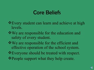 Core Beliefs Every student can learn and achieve at high levels. We are responsible for the education and safety of every student. We are responsible for the efficient and effective operation of the school system. Everyone should be treated with respect. People support what they help create. 
