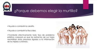 ¿Porque debemos elegir la murtilla?

Ayuda a combatir la celulitis.
Ayuda a combatir la flaccidez.
Combate efectivamente todo tipo de problema
estético corporal ya que los extractos de sus hojas
neutralizan estos procesos ligados a la inflamación
de los tejidos cutáneos.

 