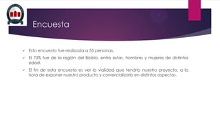 Encuesta


Esta encuesta fue realizada a 55 personas.



El 70% fue de la región del Biobío, entre estas, hombres y mujeres de distintas
edad.



El fin de esta encuesta es ver la vialidad que tendría nuestro proyecto, a la
hora de exponer nuestro producto y comercializarlo en distintos aspectos.

 