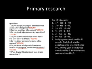Primary research
Out of 18 people:
1. 17 – YES : 1 - NO
2. 10 – YES : 8 – NO
3. 5 – YES : 13 – NO
4. 9 – YES : 9 – NO
5. 2 – YES : 16 – NO
6. 0 – YES : 18 – NO
7. Bullying was mentioned by 11
people. Stalk/look at other
peoples profile was mentioned
by 2. Hiding your identity was
mentioned by 2. Entertainment
was mentioned by 3.
 