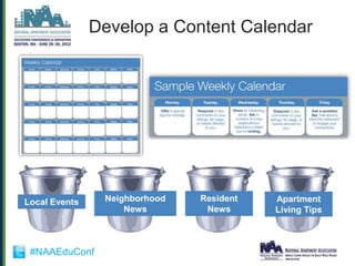 Develop a Content Calendar




Local Events    Neighborhood   Resident   Apartment
                    News        News      Living Tips



 #NAAEduConf
 