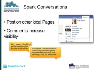 Spark Conversations


• Post on other local Pages
• Comments increase
visibility
   Don‟t forget – Oak Street
   will be blocked off on
   Sunday for street fair    Burlingame Fire Department is
                             conducting great emergency
                             preparedness workshop this
                             Saturday! Find out more here…




  #NAAEduConf
 