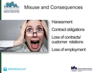 Misuse and Consequences

                    Harassment
                    Contract obligations
                    Loss of contracts/
                    customer relations
                    Loss of employment



#NAAEduConf
 