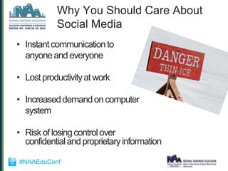 Why You Should Care About
           Social Media
• Instant communication to
  anyone and everyone

• Lost productivity at work

• Increased demand on computer
  system

• Risk of losing control over
  confidential and proprietary information

#NAAEduConf
 