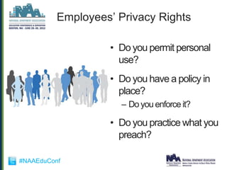 Employees‟ Privacy Rights

                   • Do you permit personal
                     use?
                   • Do you have a policy in
                     place?
                      – Do you enforce it?

                   • Do you practice what you
                     preach?

#NAAEduConf
 