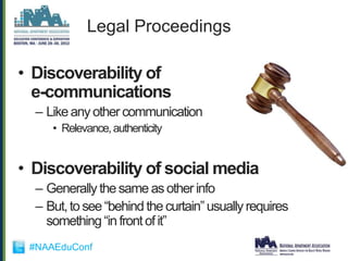 Legal Proceedings

• Discoverability of
  e-communications
  – Like any other communication
     • Relevance, authenticity


• Discoverability of social media
  – Generally the same as other info
  – But, to see “behind the curtain” usually requires
    something “in front of it”
 #NAAEduConf
 