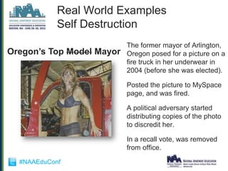 Real World Examples
            Self Destruction
                           The former mayor of Arlington,
Oregon‟s Top Model Mayor   Oregon posed for a picture on a
                           fire truck in her underwear in
                           2004 (before she was elected).

                           Posted the picture to MySpace
                           page, and was fired.

                           A political adversary started
                           distributing copies of the photo
                           to discredit her.

                           In a recall vote, was removed
                           from office.

  #NAAEduConf
 