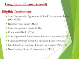 Long term refinance (contd)
Eligible Institutions
 State Co-operative Agriculture & Rural Development Banks
(SCARDBs)
 Regional Rural Banks (RRBs)
 State Co-operative Banks (SCBs)
 Commercial Banks (CBs)
 State Agricultural Development Finance Companies (ADFCs)
 Scheduled Primary Urban Co-operative Banks (PUCBs)
 North East Development Finance Corporation (NEDFC)
 Non-Banking Financial Companies (NBFCs)
 