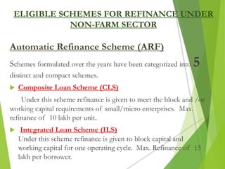 Automatic Refinance Scheme (ARF)
Schemes formulated over the years have been categorized into 5
distinct and compact schemes.
 Composite Loan Scheme (CLS)
Under this scheme refinance is given to meet the block and /or
working capital requirements of small/micro enterprises. Max.
refinance of 10 lakh per unit.
 Integrated Loan Scheme (ILS)
Under this scheme refinance is given to block capital and
working capital for one operating cycle. Max. Refinance of 15
lakh per borrower.
ELIGIBLE SCHEMES FOR REFINANCE UNDER
NON-FARM SECTOR
 