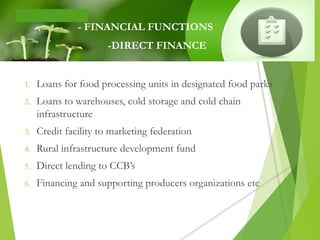 1. Loans for food processing units in designated food parks
2. Loans to warehouses, cold storage and cold chain
infrastructure
3. Credit facility to marketing federation
4. Rural infrastructure development fund
5. Direct lending to CCB’s
6. Financing and supporting producers organizations etc
- FINANCIAL FUNCTIONS
-DIRECT FINANCE
 
