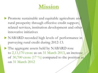 Mission
 Promote sustainable and equitable agriculture and
rural prosperity through effective credit support,
related services, institution development and other
innovative initiatives
 NABARD recorded high levels of performance in
purveying rural credit during 2012-13.
 The aggregate assets held by NABARD rose
to 2,13,170 crore as on 31 March 2013, an increase
of 30,700 crore (17 %) compared to the position as
on 31 March 2012
 