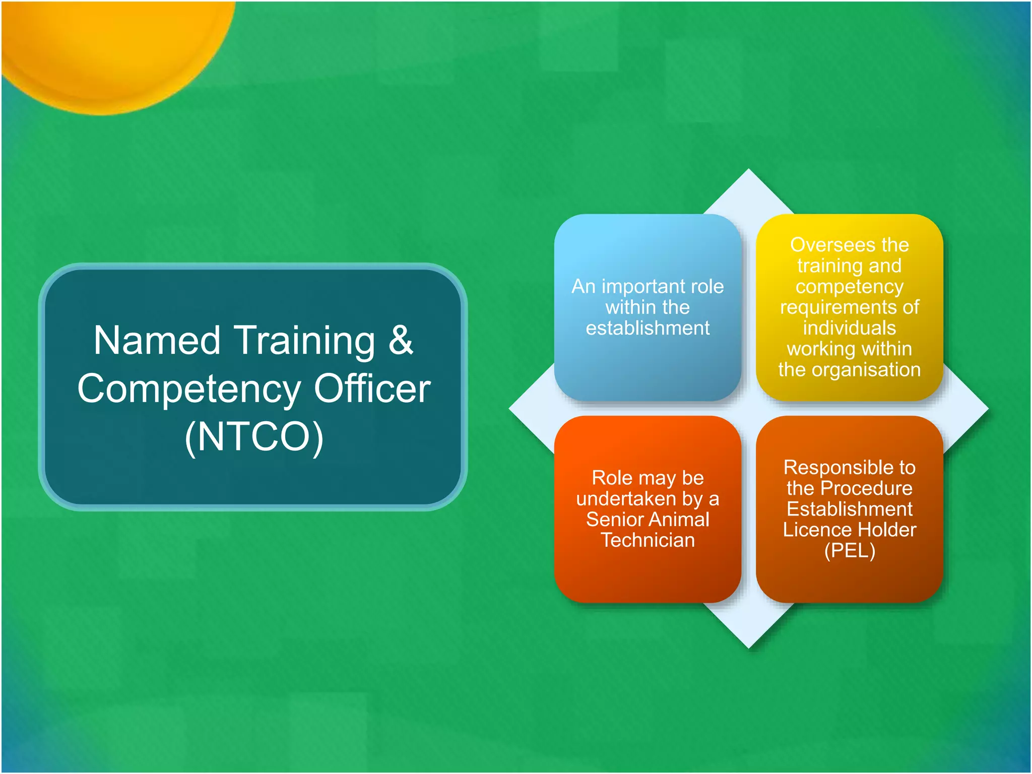 Named Training &
Competency Officer
(NTCO)
An important role
within the
establishment
Oversees the
training and
competency
requirements of
individuals
working within
the organisation
Role may be
undertaken by a
Senior Animal
Technician
Responsible to
the Procedure
Establishment
Licence Holder
(PEL)
 