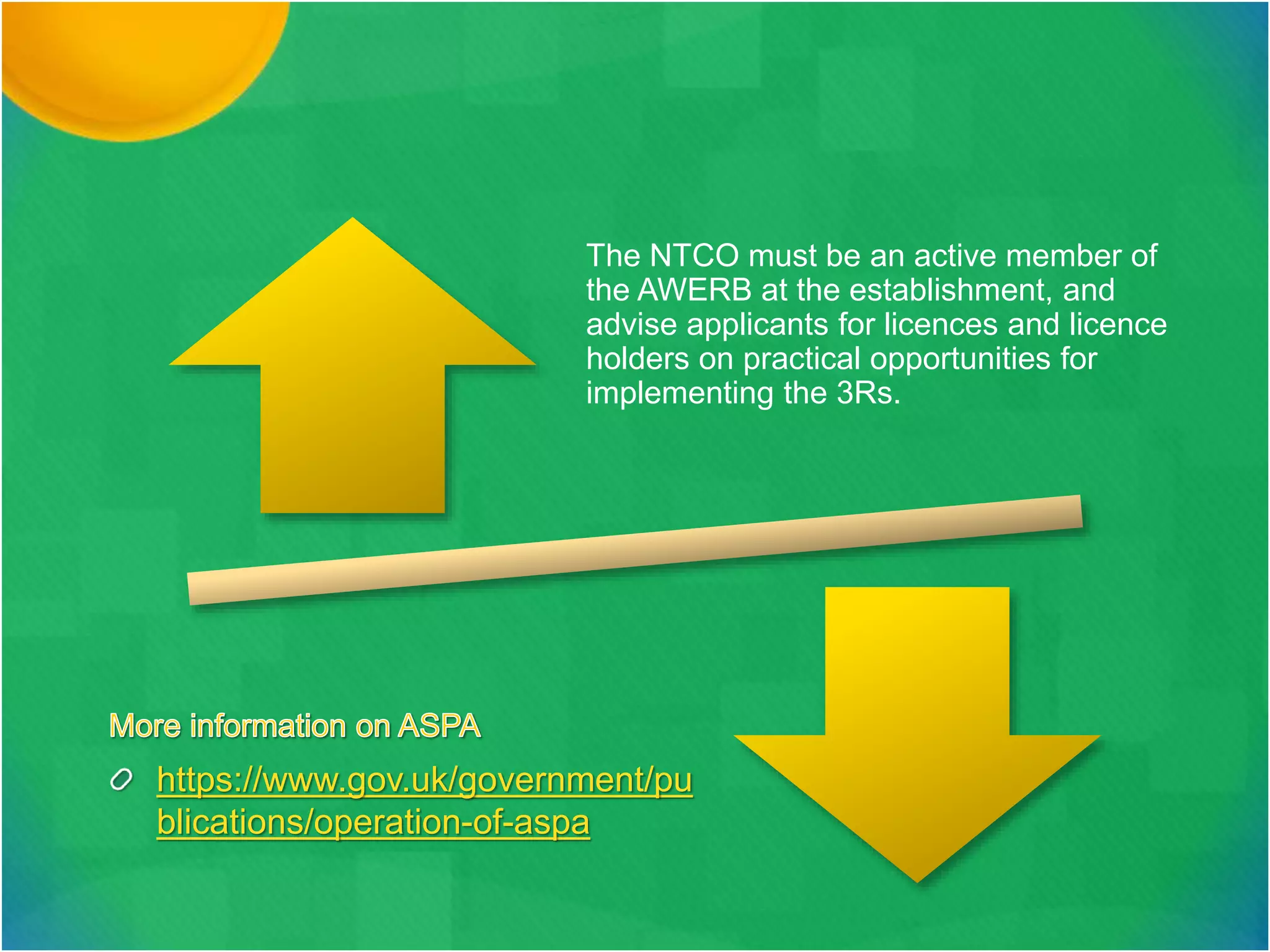 The NTCO must be an active member of
the AWERB at the establishment, and
advise applicants for licences and licence
holders on practical opportunities for
implementing the 3Rs.
https://www.gov.uk/government/pu
blications/operation-of-aspa
 