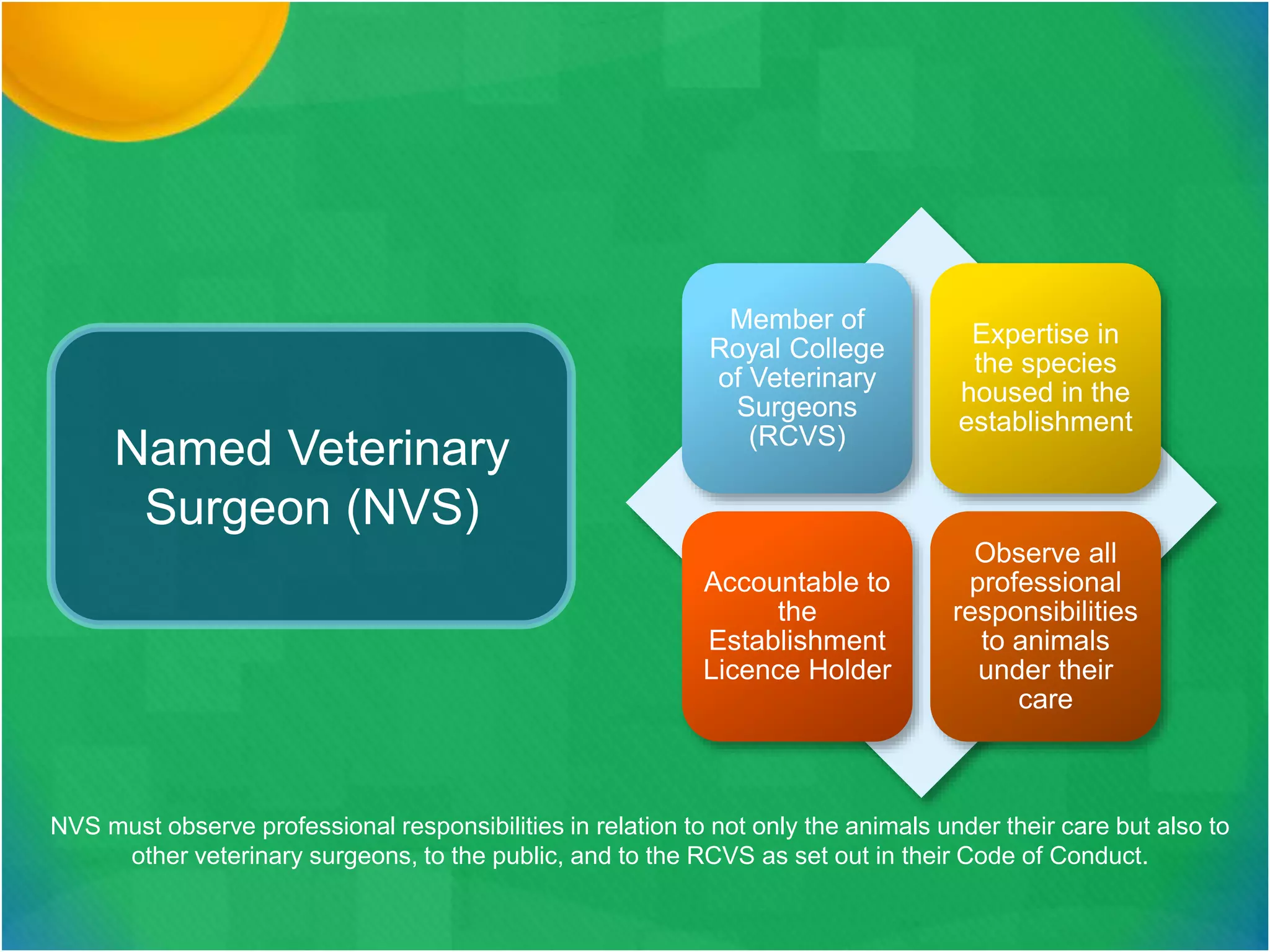 Named Veterinary
Surgeon (NVS)
Member of
Royal College
of Veterinary
Surgeons
(RCVS)
Expertise in
the species
housed in the
establishment
Accountable to
the
Establishment
Licence Holder
Observe all
professional
responsibilities
to animals
under their
care
NVS must observe professional responsibilities in relation to not only the animals under their care but also to
other veterinary surgeons, to the public, and to the RCVS as set out in their Code of Conduct.
 