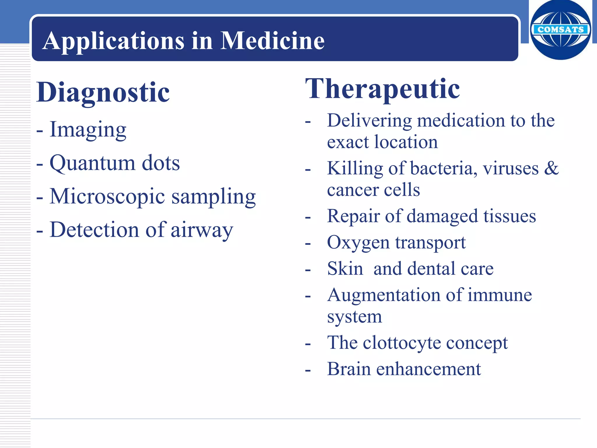 Applications in Medicine
Diagnostic
- Imaging
- Quantum dots
- Microscopic sampling
- Detection of airway
Therapeutic
- Delivering medication to the
exact location
- Killing of bacteria, viruses &
cancer cells
- Repair of damaged tissues
- Oxygen transport
- Skin and dental care
- Augmentation of immune
system
- The clottocyte concept
- Brain enhancement
 