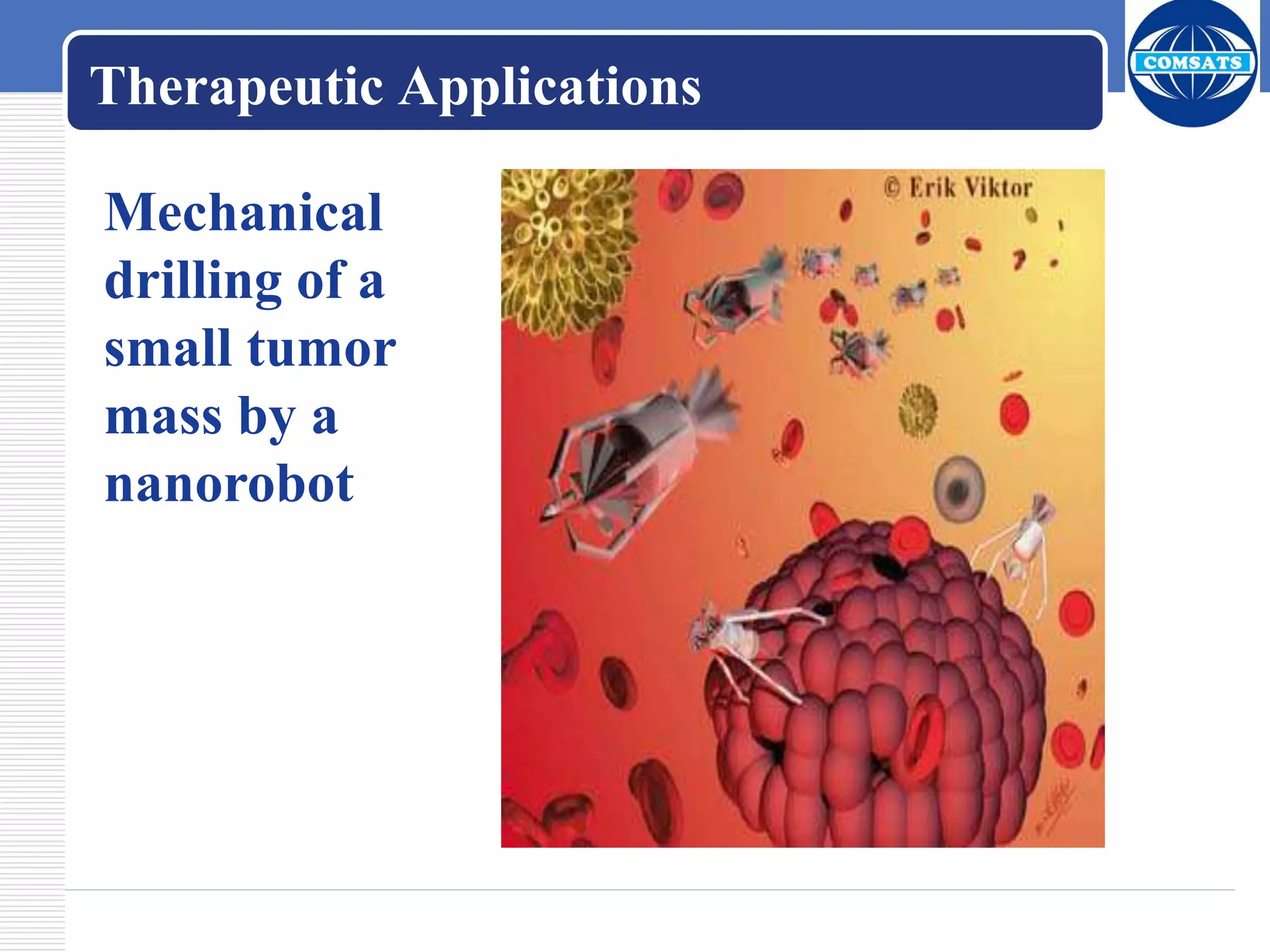 Mechanical
drilling of a
small tumor
mass by a
nanorobot
Therapeutic Applications
 