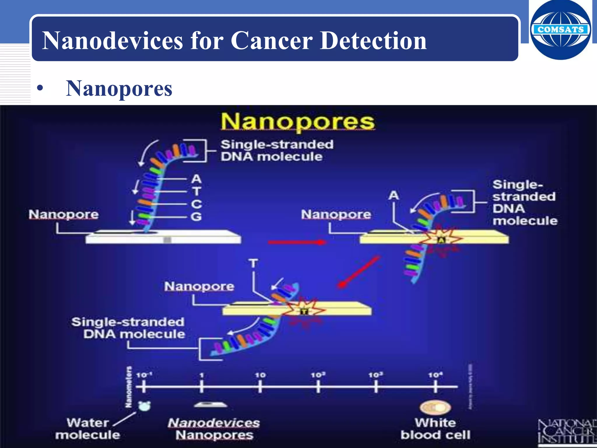 Nanodevices for Cancer Detection
• Nanopores
• Tiny holes that allow DNA to pass through one
strand at a time, will make DNA sequencing more
efficient.
• As DNA passes through a nanopore, scientists can
monitor the shape and electrical properties of each
base, or letter, on the strand. Because these
properties are unique for each of the four bases that
make up the genetic code, scientists can use the
passage of DNA through a nanopore to decipher the
encoded information, including errors in the code
known to be associated with cancer.
 