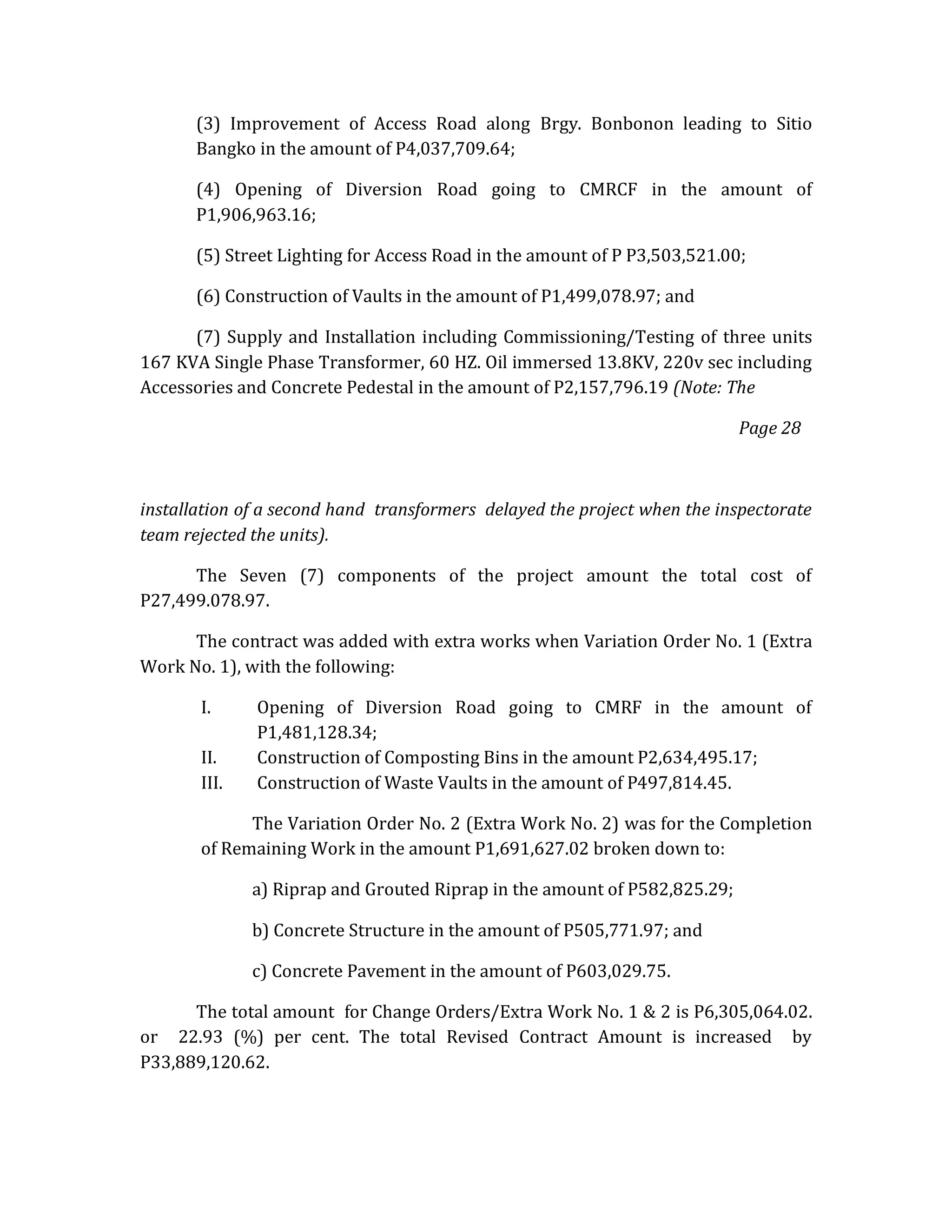 (3) Improvement of Access Road along Brgy. Bonbonon leading to Sitio
Bangko in the amount of P4,037,709.64;
(4) Opening of Diversion Road going to CMRCF in the amount of
P1,906,963.16;
(5) Street Lighting for Access Road in the amount of P P3,503,521.00;
(6) Construction of Vaults in the amount of P1,499,078.97; and
(7) Supply and Installation including Commissioning/Testing of three units
167 KVA Single Phase Transformer, 60 HZ. Oil immersed 13.8KV, 220v sec including
Accessories and Concrete Pedestal in the amount of P2,157,796.19 (Note: The
Page 28

installation of a second hand transformers delayed the project when the inspectorate
team rejected the units).
The Seven (7) components of the project amount the total cost of
P27,499.078.97.
The contract was added with extra works when Variation Order No. 1 (Extra
Work No. 1), with the following:
I.
II.
III.

Opening of Diversion Road going to CMRF in the amount of
P1,481,128.34;
Construction of Composting Bins in the amount P2,634,495.17;
Construction of Waste Vaults in the amount of P497,814.45.

The Variation Order No. 2 (Extra Work No. 2) was for the Completion
of Remaining Work in the amount P1,691,627.02 broken down to:
a) Riprap and Grouted Riprap in the amount of P582,825.29;
b) Concrete Structure in the amount of P505,771.97; and
c) Concrete Pavement in the amount of P603,029.75.
The total amount for Change Orders/Extra Work No. 1 & 2 is P6,305,064.02.
or 22.93 (%) per cent. The total Revised Contract Amount is increased by
P33,889,120.62.

 