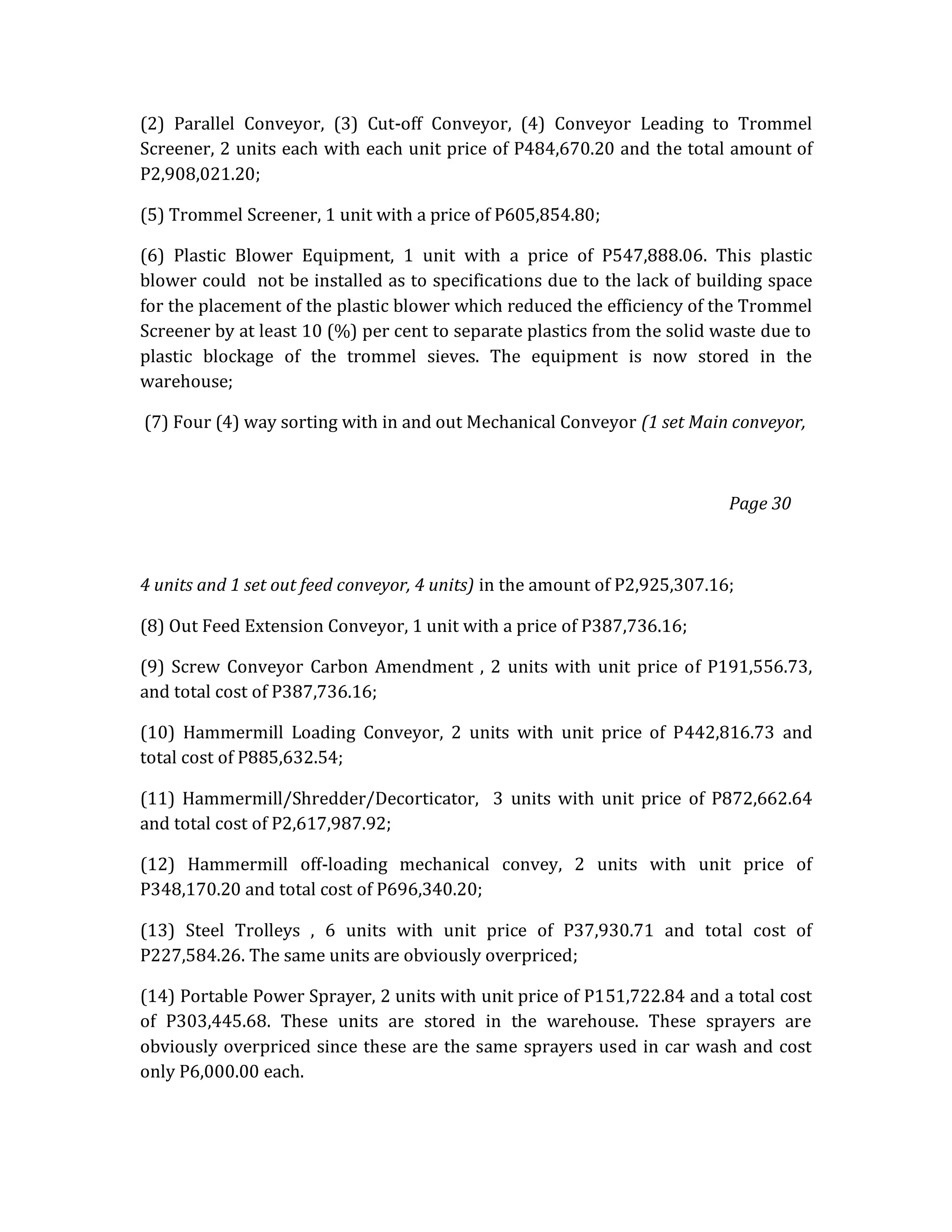 (2) Parallel Conveyor, (3) Cut-off Conveyor, (4) Conveyor Leading to Trommel
Screener, 2 units each with each unit price of P484,670.20 and the total amount of
P2,908,021.20;
(5) Trommel Screener, 1 unit with a price of P605,854.80;
(6) Plastic Blower Equipment, 1 unit with a price of P547,888.06. This plastic
blower could not be installed as to specifications due to the lack of building space
for the placement of the plastic blower which reduced the efficiency of the Trommel
Screener by at least 10 (%) per cent to separate plastics from the solid waste due to
plastic blockage of the trommel sieves. The equipment is now stored in the
warehouse;
(7) Four (4) way sorting with in and out Mechanical Conveyor (1 set Main conveyor,

Page 30

4 units and 1 set out feed conveyor, 4 units) in the amount of P2,925,307.16;
(8) Out Feed Extension Conveyor, 1 unit with a price of P387,736.16;
(9) Screw Conveyor Carbon Amendment , 2 units with unit price of P191,556.73,
and total cost of P387,736.16;
(10) Hammermill Loading Conveyor, 2 units with unit price of P442,816.73 and
total cost of P885,632.54;
(11) Hammermill/Shredder/Decorticator, 3 units with unit price of P872,662.64
and total cost of P2,617,987.92;
(12) Hammermill off-loading mechanical convey, 2 units with unit price of
P348,170.20 and total cost of P696,340.20;
(13) Steel Trolleys , 6 units with unit price of P37,930.71 and total cost of
P227,584.26. The same units are obviously overpriced;
(14) Portable Power Sprayer, 2 units with unit price of P151,722.84 and a total cost
of P303,445.68. These units are stored in the warehouse. These sprayers are
obviously overpriced since these are the same sprayers used in car wash and cost
only P6,000.00 each.

 