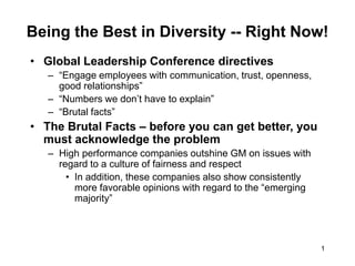 1
Being the Best in Diversity -- Right Now!
• Global Leadership Conference directives
– “Engage employees with communication, trust, openness,
good relationships”
– “Numbers we don’t have to explain”
– “Brutal facts”
• The Brutal Facts – before you can get better, you
must acknowledge the problem
– High performance companies outshine GM on issues with
regard to a culture of fairness and respect
• In addition, these companies also show consistently
more favorable opinions with regard to the “emerging
majority”
 