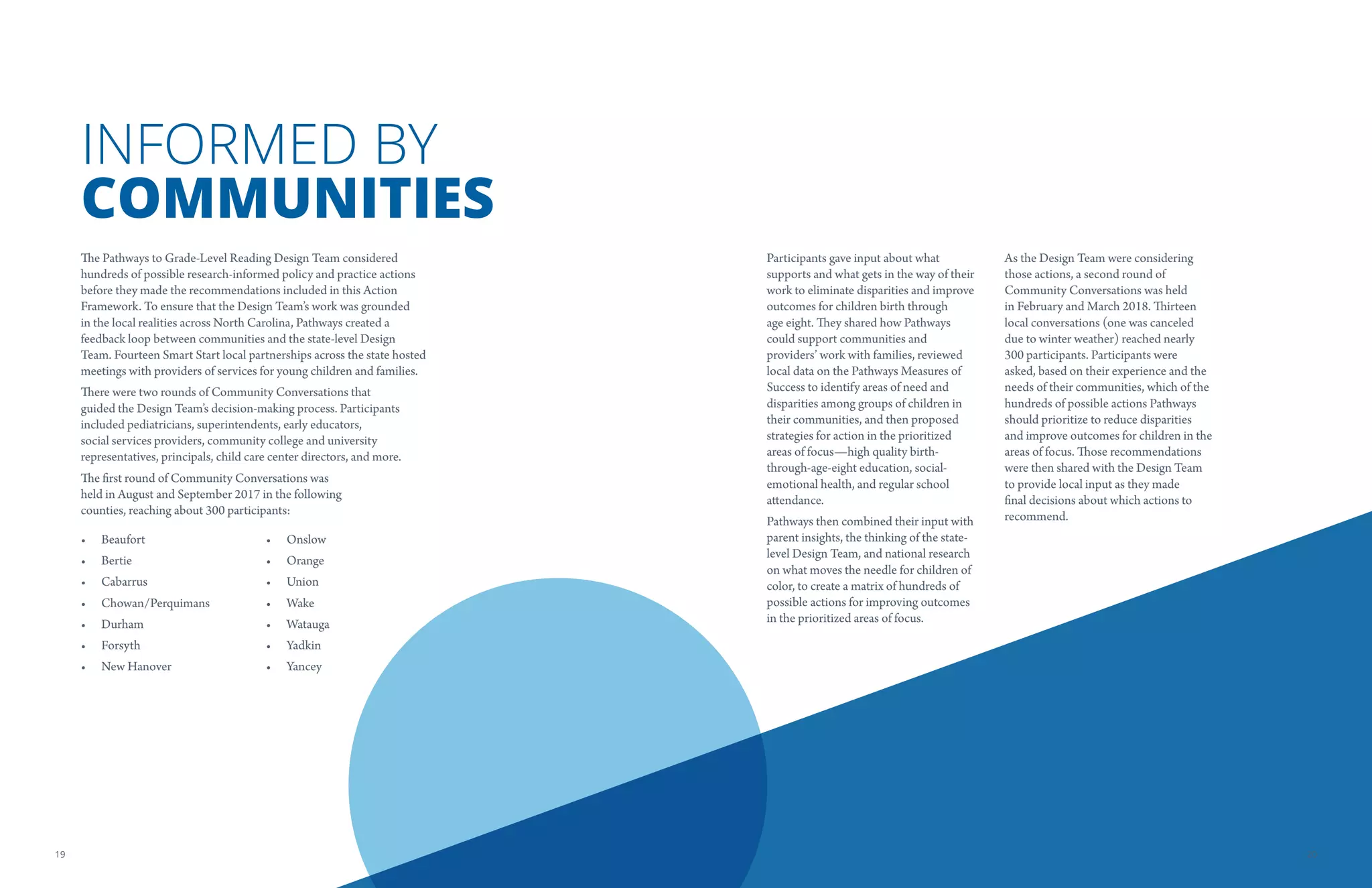 INFORMED BY
COMMUNITIES
The Pathways to Grade-Level Reading Design Team considered
hundreds of possible research-informed policy and practice actions
before they made the recommendations included in this Action
Framework. To ensure that the Design Team’s work was grounded
in the local realities across North Carolina, Pathways created a
feedback loop between communities and the state-level Design
Team. Fourteen Smart Start local partnerships across the state hosted
meetings with providers of services for young children and families.
There were two rounds of Community Conversations that
guided the Design Team’s decision-making process. Participants
included pediatricians, superintendents, early educators,
social services providers, community college and university
representatives, principals, child care center directors, and more.
The first round of Community Conversations was
held in August and September 2017 in the following
counties, reaching about 300 participants:
• Beaufort
• Bertie
• Cabarrus
• Chowan/Perquimans
• Durham
• Forsyth
• New Hanover
• Onslow
• Orange
• Union
• Wake
• Watauga
• Yadkin
• Yancey
Participants gave input about what
supports and what gets in the way of their
work to eliminate disparities and improve
outcomes for children birth through
age eight. They shared how Pathways
could support communities and
providers’ work with families, reviewed
local data on the Pathways Measures of
Success to identify areas of need and
disparities among groups of children in
their communities, and then proposed
strategies for action in the prioritized
areas of focus—high quality birth-
through-age-eight education, social-
emotional health, and regular school
attendance.
Pathways then combined their input with
parent insights, the thinking of the state-
level Design Team, and national research
on what moves the needle for children of
color, to create a matrix of hundreds of
possible actions for improving outcomes
in the prioritized areas of focus.
As the Design Team were considering
those actions, a second round of
Community Conversations was held
in February and March 2018. Thirteen
local conversations (one was canceled
due to winter weather) reached nearly
300 participants. Participants were
asked, based on their experience and the
needs of their communities, which of the
hundreds of possible actions Pathways
should prioritize to reduce disparities
and improve outcomes for children in the
areas of focus. Those recommendations
were then shared with the Design Team
to provide local input as they made
final decisions about which actions to
recommend.
2019
 