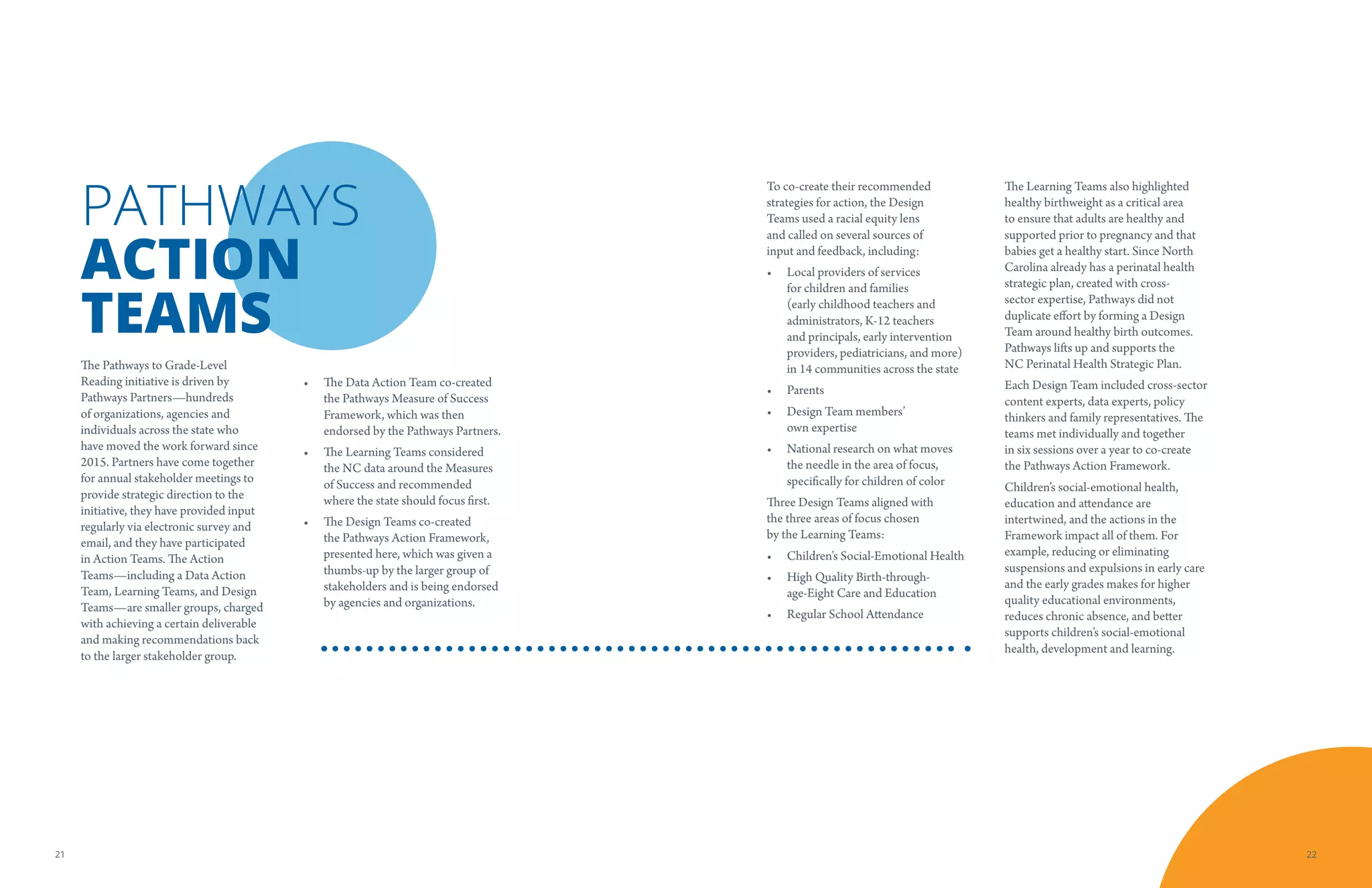 PATHWAYS
ACTION
TEAMS
The Pathways to Grade-Level
Reading initiative is driven by
Pathways Partners—hundreds
of organizations, agencies and
individuals across the state who
have moved the work forward since
2015. Partners have come together
for annual stakeholder meetings to
provide strategic direction to the
initiative, they have provided input
regularly via electronic survey and
email, and they have participated
in Action Teams. The Action
Teams—including a Data Action
Team, Learning Teams, and Design
Teams—are smaller groups, charged
with achieving a certain deliverable
and making recommendations back
to the larger stakeholder group.
•	 The Data Action Team co-created
the Pathways Measure of Success
Framework, which was then
endorsed by the Pathways Partners.
•	 The Learning Teams considered
the NC data around the Measures
of Success and recommended
where the state should focus first.
•	 The Design Teams co-created
the Pathways Action Framework,
presented here, which was given a
thumbs-up by the larger group of
stakeholders and is being endorsed
by agencies and organizations.
To co-create their recommended
strategies for action, the Design
Teams used a racial equity lens
and called on several sources of
input and feedback, including:
•	 Local providers of services
for children and families
(early childhood teachers and
administrators, K-12 teachers
and principals, early intervention
providers, pediatricians, and more)
in 14 communities across the state
•	 Parents
•	 Design Team members’
own expertise
•	 National research on what moves
the needle in the area of focus,
specifically for children of color
Three Design Teams aligned with
the three areas of focus chosen
by the Learning Teams:
•	 Children’s Social-Emotional Health
•	 High Quality Birth-through-
age-Eight Care and Education
•	 Regular School Attendance
The Learning Teams also highlighted
healthy birthweight as a critical area
to ensure that adults are healthy and
supported prior to pregnancy and that
babies get a healthy start. Since North
Carolina already has a perinatal health
strategic plan, created with cross-
sector expertise, Pathways did not
duplicate effort by forming a Design
Team around healthy birth outcomes.
Pathways lifts up and supports the
NC Perinatal Health Strategic Plan.
Each Design Team included cross-sector
content experts, data experts, policy
thinkers and family representatives. The
teams met individually and together
in six sessions over a year to co-create
the Pathways Action Framework.
Children’s social-emotional health,
education and attendance are
intertwined, and the actions in the
Framework impact all of them. For
example, reducing or eliminating
suspensions and expulsions in early care
and the early grades makes for higher
quality educational environments,
reduces chronic absence, and better
supports children’s social-emotional
health, development and learning.
2221
 