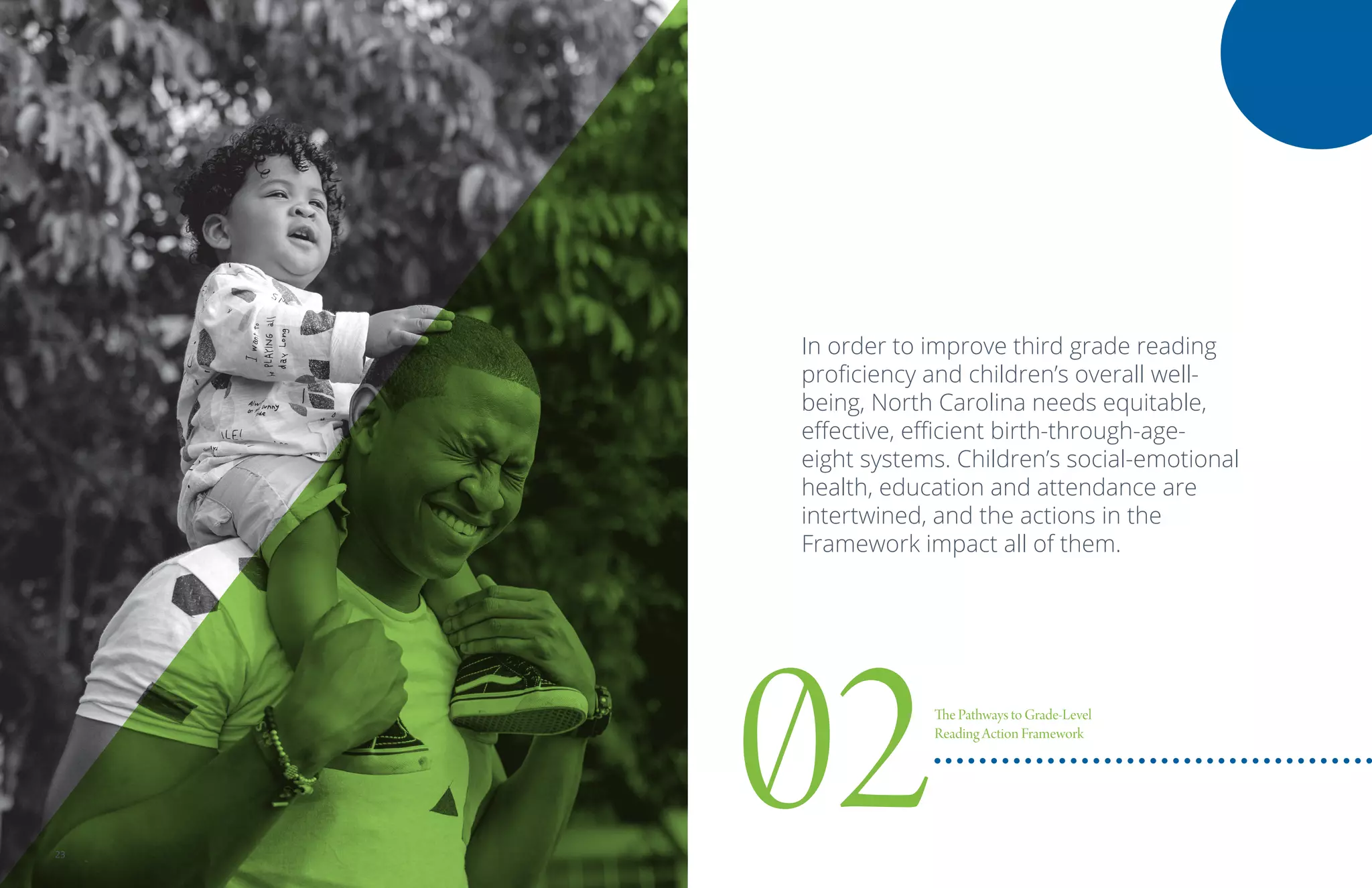 In order to improve third grade reading
proficiency and children’s overall well-
being, North Carolina needs equitable,
effective, efficient birth-through-age-
eight systems. Children’s social-emotional
health, education and attendance are
intertwined, and the actions in the
Framework impact all of them.
02The Pathways to Grade-Level
Reading Action Framework
23
 