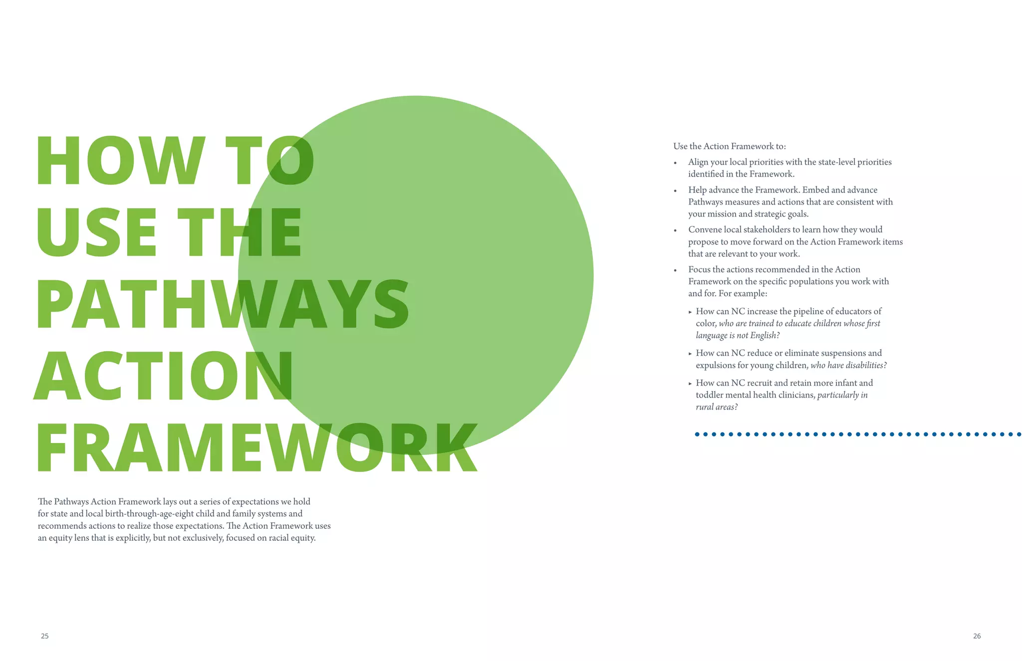 HOW TO
USE THE
PATHWAYS
ACTION
FRAMEWORKThe Pathways Action Framework lays out a series of expectations we hold
for state and local birth-through-age-eight child and family systems and
recommends actions to realize those expectations. The Action Framework uses
an equity lens that is explicitly, but not exclusively, focused on racial equity.
Use the Action Framework to:
•	 Align your local priorities with the state-level priorities
identified in the Framework.
•	 Help advance the Framework. Embed and advance
Pathways measures and actions that are consistent with
your mission and strategic goals.
•	 Convene local stakeholders to learn how they would
propose to move forward on the Action Framework items
that are relevant to your work.
•	 Focus the actions recommended in the Action
Framework on the specific populations you work with
and for. For example:
▶ How can NC increase the pipeline of educators of
color, who are trained to educate children whose first
language is not English?
▶ How can NC reduce or eliminate suspensions and
expulsions for young children, who have disabilities?
▶ How can NC recruit and retain more infant and
toddler mental health clinicians, particularly in
rural areas?
2625
 