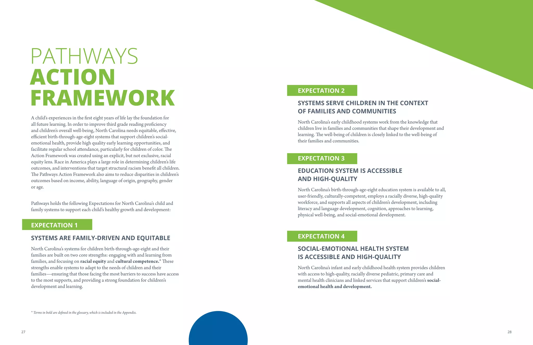 PATHWAYS
ACTION
FRAMEWORK
A child’s experiences in the first eight years of life lay the foundation for
all future learning. In order to improve third grade reading proficiency
and children’s overall well-being, North Carolina needs equitable, effective,
efficient birth-through-age-eight systems that support children’s social-
emotional health, provide high quality early learning opportunities, and
facilitate regular school attendance, particularly for children of color. The
Action Framework was created using an explicit, but not exclusive, racial
equity lens. Race in America plays a large role in determining children’s life
outcomes, and interventions that target structural racism benefit all children.
The Pathways Action Framework also aims to reduce disparities in children’s
outcomes based on income, ability, language of origin, geography, gender
or age.
Pathways holds the following Expectations for North Carolina’s child and
family systems to support each child’s healthy growth and development:
EXPECTATION 1
SYSTEMS ARE FAMILY-DRIVEN AND EQUITABLE
North Carolina’s systems for children birth-through-age-eight and their
families are built on two core strengths: engaging with and learning from
families, and focusing on racial equity and cultural competence.* These
strengths enable systems to adapt to the needs of children and their
families—ensuring that those facing the most barriers to success have access
to the most supports, and providing a strong foundation for children’s
development and learning.
* Terms in bold are defined in the glossary, which is included in the Appendix.
EXPECTATION 2
SYSTEMS SERVE CHILDREN IN THE CONTEXT
OF FAMILIES AND COMMUNITIES
North Carolina’s early childhood systems work from the knowledge that
children live in families and communities that shape their development and
learning. The well-being of children is closely linked to the well-being of
their families and communities.
EXPECTATION 3
EDUCATION SYSTEM IS ACCESSIBLE
AND HIGH-QUALITY
North Carolina’s birth-through-age-eight education system is available to all,
user-friendly, culturally-competent, employs a racially diverse, high-quality
workforce, and supports all aspects of children’s development, including
literacy and language development, cognition, approaches to learning,
physical well-being, and social-emotional development.
EXPECTATION 4
SOCIAL-EMOTIONAL HEALTH SYSTEM
IS ACCESSIBLE AND HIGH-QUALITY
North Carolina’s infant and early childhood health system provides children
with access to high-quality, racially diverse pediatric, primary care and
mental health clinicians and linked services that support children’s social-
emotional health and development.
2827
 