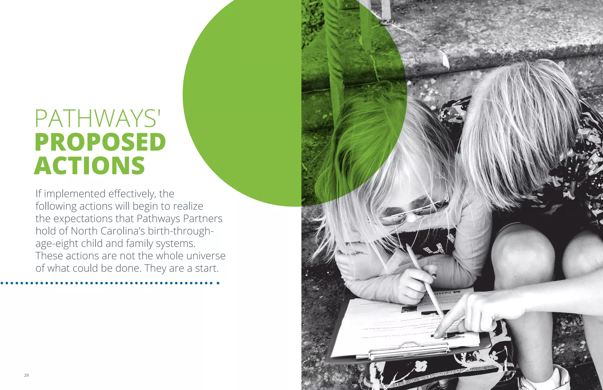 PATHWAYS'
PROPOSED
ACTIONS
If implemented effectively, the
following actions will begin to realize
the expectations that Pathways Partners
hold of North Carolina’s birth-through-
age-eight child and family systems.
These actions are not the whole universe
of what could be done. They are a start.
3029
 