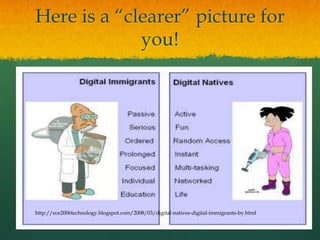 Here is a ―clearer‖ picture for
             you!




http://ece2006technology.blogspot.com/2008/03/digital-natives-digital-immigrants-by.html
 