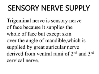 SENSORY NERVE SUPPLY
Trigeminal nerve is sensory nerve
of face because it supplies the
whole of face but except skin
over the angle of mandible,which is
supplied by great auricular nerve
derived from ventral rami of 2nd and 3rd
cervical nerve.
 
