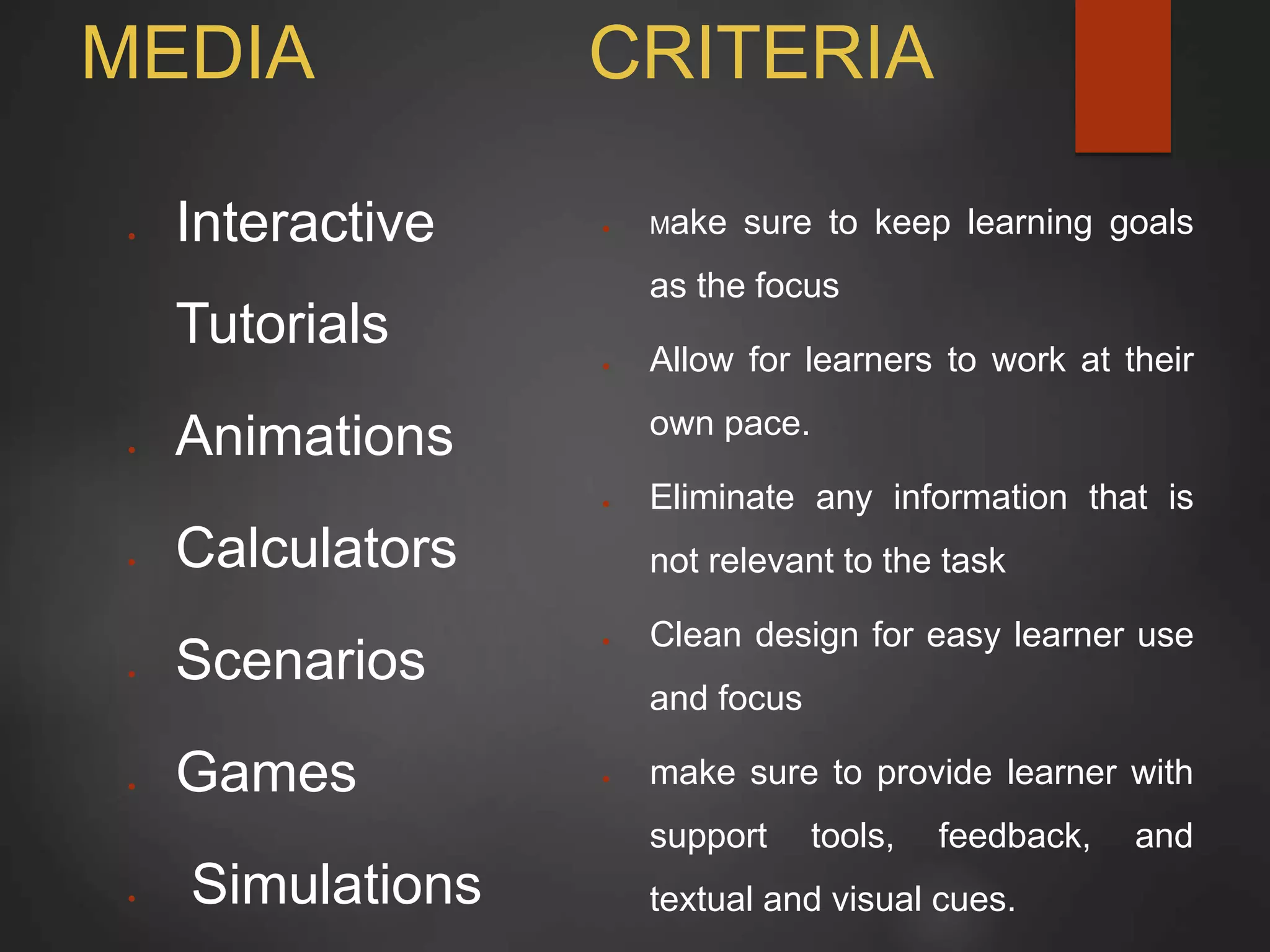 MEDIA CRITERIA
 Interactive
Tutorials
 Animations
 Calculators
 Scenarios
 Games
 Simulations
 Make sure to keep learning goals
as the focus
 Allow for learners to work at their
own pace.
 Eliminate any information that is
not relevant to the task
 Clean design for easy learner use
and focus
 make sure to provide learner with
support tools, feedback, and
textual and visual cues.
 