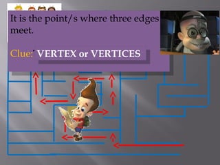 ??
It is the point/s where three edges
meet.
Clue:TEVXER or TVICEESR
It is the point/s where three edges
meet.
Clue:TEVXER or TVICEESRVERTEX or VERTICESVERTEX or VERTICES
 
