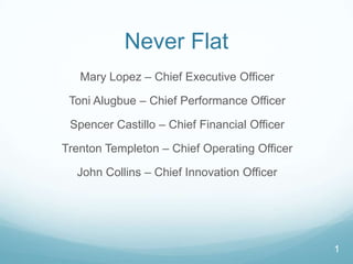 Never Flat
Mary Lopez – Chief Executive Officer

Toni Alugbue – Chief Performance Officer
Spencer Castillo – Chief Financial Officer
Trenton Templeton – Chief Operating Officer
John Collins – Chief Innovation Officer

1

 