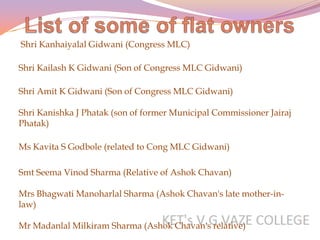 Shri Kanhaiyalal Gidwani (Congress MLC)

Shri Kailash K Gidwani (Son of Congress MLC Gidwani)

Shri Amit K Gidwani (Son of Congress MLC Gidwani)

Shri Kanishka J Phatak (son of former Municipal Commissioner Jairaj
Phatak)

Ms Kavita S Godbole (related to Cong MLC Gidwani)

Smt Seema Vinod Sharma (Relative of Ashok Chavan)

Mrs Bhagwati Manoharlal Sharma (Ashok Chavan's late mother-in-
law)

Mr Madanlal Milkiram Sharma (Ashok Chavan's relative)
 