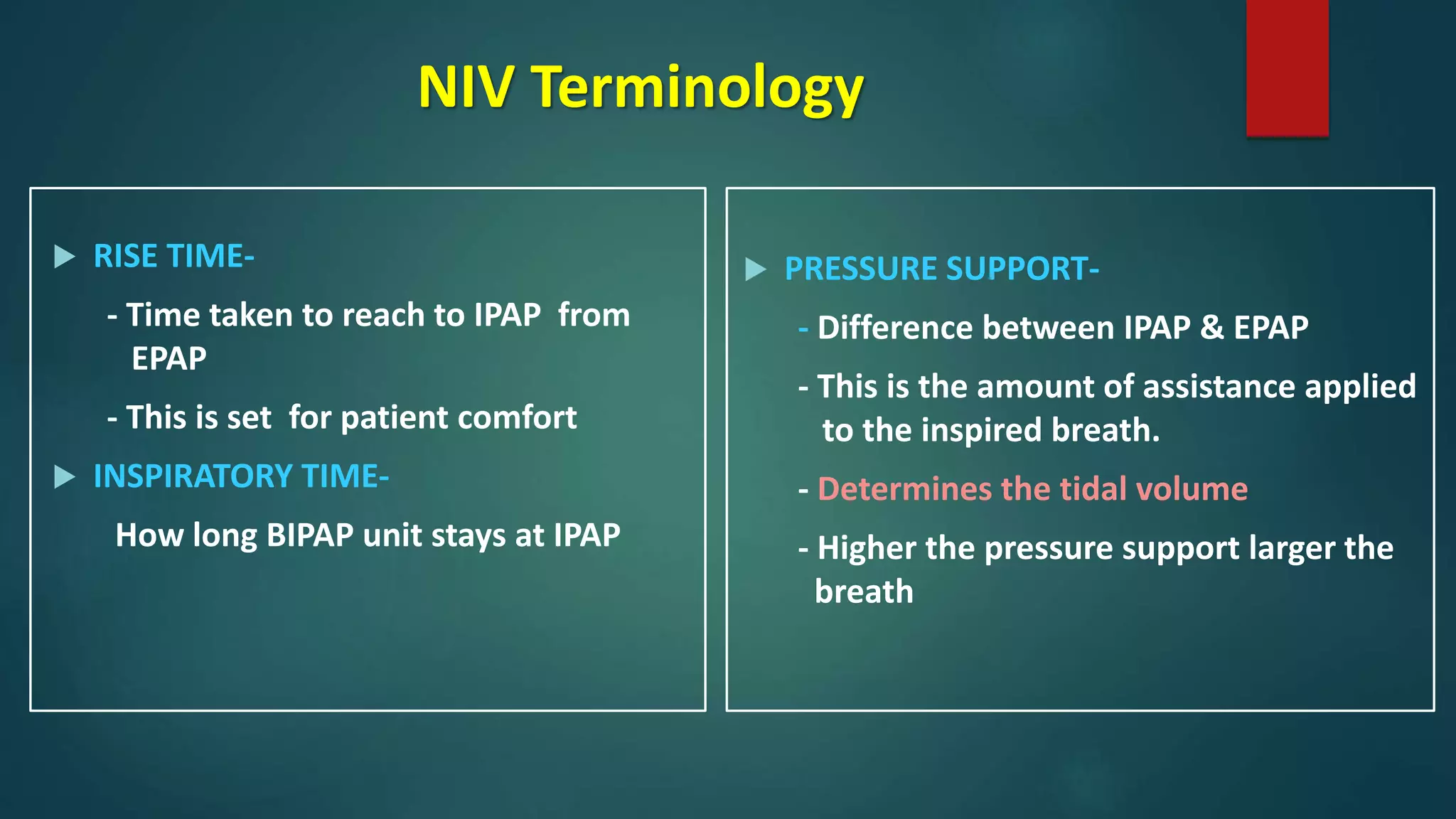 NIV Terminology
 RISE TIME-
- Time taken to reach to IPAP from
EPAP
- This is set for patient comfort
 INSPIRATORY TIME-
How long BIPAP unit stays at IPAP
 PRESSURE SUPPORT-
- Difference between IPAP & EPAP
- This is the amount of assistance applied
to the inspired breath.
- Determines the tidal volume
- Higher the pressure support larger the
breath
 