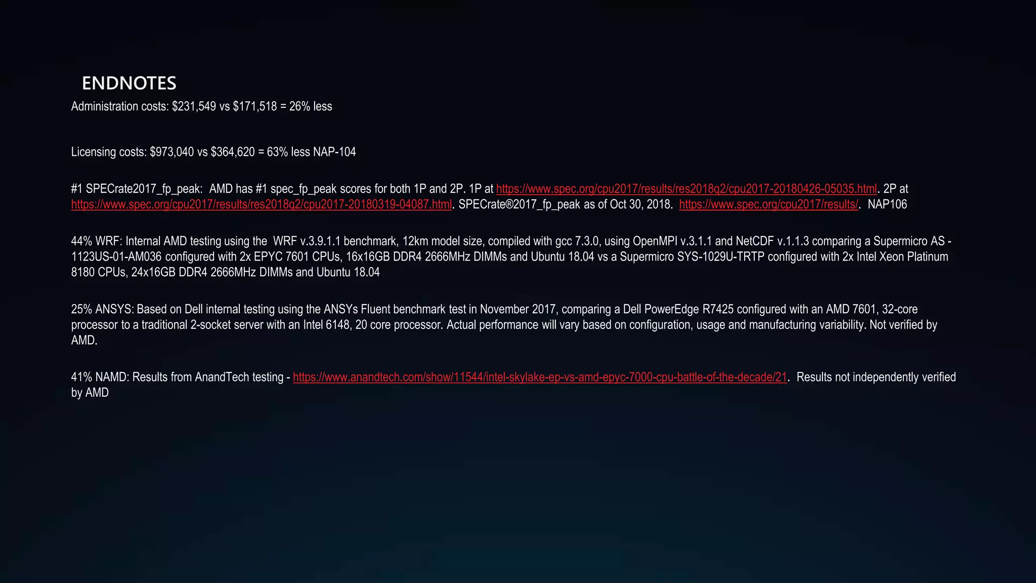 ENDNOTES
Administration costs: $231,549 vs $171,518 = 26% less
Licensing costs: $973,040 vs $364,620 = 63% less NAP-104
#1 SPECrate2017_fp_peak: AMD has #1 spec_fp_peak scores for both 1P and 2P. 1P at https://www.spec.org/cpu2017/results/res2018q2/cpu2017-20180426-05035.html. 2P at
https://www.spec.org/cpu2017/results/res2018q2/cpu2017-20180319-04087.html. SPECrate®2017_fp_peak as of Oct 30, 2018. https://www.spec.org/cpu2017/results/. NAP106
44% WRF: Internal AMD testing using the WRF v.3.9.1.1 benchmark, 12km model size, compiled with gcc 7.3.0, using OpenMPI v.3.1.1 and NetCDF v.1.1.3 comparing a Supermicro AS -
1123US-01-AM036 configured with 2x EPYC 7601 CPUs, 16x16GB DDR4 2666MHz DIMMs and Ubuntu 18.04 vs a Supermicro SYS-1029U-TRTP configured with 2x Intel Xeon Platinum
8180 CPUs, 24x16GB DDR4 2666MHz DIMMs and Ubuntu 18.04
25% ANSYS: Based on Dell internal testing using the ANSYs Fluent benchmark test in November 2017, comparing a Dell PowerEdge R7425 configured with an AMD 7601, 32-core
processor to a traditional 2-socket server with an Intel 6148, 20 core processor. Actual performance will vary based on configuration, usage and manufacturing variability. Not verified by
AMD.
41% NAMD: Results from AnandTech testing - https://www.anandtech.com/show/11544/intel-skylake-ep-vs-amd-epyc-7000-cpu-battle-of-the-decade/21. Results not independently verified
by AMD
 