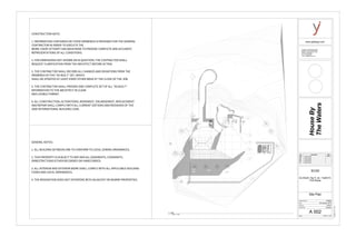 A
C
D
E
1 2 3 4 5 6
1
A 205
-
---
-
---
1
A 206
-
---
8
9
2
A 205
2
A 206
3
A 701
www.yjDesign.com
Scale
Project number
Date
Drawn by
Checked by
Consultant : HGD Structural.INC
Address : 520 West Bay Street
Address : Savannah, GA 31401
Phone :912 394 3043
Fax : 912 394 7865
e-mail : hgd@structure.com
HW#2B House By the Water 10/06/2015
Final House By the Water
HW#5 House By the Water
HW#4 House By the Water
HW#3 House By the Water
HouseBy
TheWaters
1/16" = 1'-0"
11/19/20151:41:31AM
A 002
Site Plan
HW#2B
ELDS225 -Ng Yi Jie - Fall2015-
Prof Wacta
SCAD
06 October, 2015
Author
Checker
No. Description Date
1/16" = 1'-0"
1
Site
CONSTRUCTION NOTE:
1. INFORMATION CONTAINED ON THESE DRAWINGS IS PROVIDED FOR THE GENERAL
CONTRACTOR IN ORDER TO EXECUTE THE
WORK. EVERY ATTEMPT HAS BEEN MADE TO PROVIDE COMPLETE AND ACCURATE
REPRESENTATIONS OF ALL CONDITIONS.
2. FOR DIMENSIONS NOT SHOWN OR IN QUESTION, THE CONTRACTOR SHALL
REQUEST CLARIFICATION FROM THE ARCHITECT BEFORE ACTING.
3. THE CONTRACTOR SHALL RECORD ALL CHANGES AND DEVIATIONS FROM THE
DRAWINGS IN THIS "AS BUILT" SET, WHICH
SHALL BE UPDATED AT LEAST EVERY OTHER WEEK AT THE CLOSE OF THE JOB.
5. THE CONTRACTOR SHALL PROVIDE ONE COMPLETE SET OF ALL "AS BUILT"
INFORMATION TO THE ARCHITECT IN CLEAR
AND LEGIBLE FORMAT.
6. ALL CONSTRUCTION, ALTERATIONS, MOVEMENT, ENLARGEMENT, REPLACEMENT
AND REPAIR SHALL COMPLY WITH ALL CURRENT EDITIONS AND REVISIONS OF THE
2006 INTERNATIONAL BUILDING CODE.
GENERAL NOTES:
1. ALL BUILDING SETBACKS ARE TO CONFORM TO LOCAL ZONING ORDINANCES.
2. THIS PROPERTY IS SUBJECT TO ANY AND ALL EASEMENTS, COVENANTS,
ORRESTRICTIONS EITHER RECORDED OR UNRECORDED.
3. ALL INTERIOR AND EXTERIOR WORK SHALL COMPLY WITH ALL APPLICABLE BUILDING
CODES AND LOCAL ORDINANCES.
4. THE RENOVATION DOES NOT INTERFERE WITH ADJACENT OR NEARBY PROPERTIES.
 