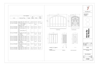 6' - 6 5/8"
7'-21/2"
6'-11"
3' - 0" 3' - 6"
7'-3"
3' - 6 3/4"
7' - 2"
8'-913/32"
8'-15/32"
14' - 1 15/32"
9'-09/16"
8'-69/16"
Parametric Door Front Entrence Door
Four Panel Sliding Door Single-Flush Extreior Decorative Door
www.yjDesign.com
Scale
Project number
Date
Drawn by
Checked by
Consultant : HGD Structural.INC
Address : 520 West Bay Street
Address : Savannah, GA 31401
Phone :912 394 3043
Fax : 912 394 7865
e-mail : hgd@structure.com
HW#2B House By the Water 10/06/2015
Final House By the Water
HW#5 House By the Water
HW#4 House By the Water
HW#3 House By the Water
HouseBy
TheWaters
1/2" = 1'-0"
11/19/20152:03:44AM
A 602
Door Schedule
HW#2B
ELDS225 -Ng Yi Jie - Fall2015-
Prof Wacta
SCAD
06 October, 2015
Author
Checker
No. Description Date
Door Schedule
Level Family and Type Height
Sill
Height Width
Head
Height
02-Level 2 POCHE Single-Flush: 36" x 84" 7' - 0" 0' - 0" 3' - 0" 7' - 0"
01-Level 1 POCHE Four_Panel_Sliding_d
oor_11160: 4 panel
sliding door 4.40
7' - 2 5/8" 0' - 0" 14' - 5
7/32"
7' - 2 5/8"
02-Level 2 POCHE Single-Flush: 32" x 84" 7' - 0" 0' - 0" 2' - 8" 7' - 0"
01-Level 1 POCHE Deco_Front_Door_14
359:
Deco_Front_Door_14
359
7' - 0" 0' - 0" 6' - 0" 7' - 0"
02-Level 2 POCHE Sliding_Door_for_Inte
rior_16689:
900x2100mm
6' - 10
11/16"
0' - 0" 2' - 11
7/16"
6' - 10
11/16"
02-Level 2 POCHE Single-Flush: 32" x 84" 7' - 0" 0' - 0" 2' - 8" 7' - 0"
02-Level 2 POCHE Single-Flush: 32" x 84" 7' - 0" 0' - 0" 2' - 8" 7' - 0"
03-Level 3 POCHE Single-Flush: 32" x 84" 7' - 0" 0' - 5" 2' - 8" 7' - 5"
03-Level 3 POCHE Sliding_Door_for_Inte
rior_16689:
900x2100mm
6' - 10
11/16"
0' - 0" 2' - 11
7/16"
6' - 10
11/16"
02-Level 2 POCHE Sliding_Door_for_Inte
rior_16689:
900x2100mm
6' - 10
11/16"
0' - 0" 2' - 11
7/16"
6' - 10
11/16"
03-Level 3 POCHE Single-Flush: 32" x 84" 7' - 0" -0' - 1" 2' - 8" 6' - 11"
03-Level 3 POCHE Single-Flush: 32" x 84" 7' - 0" 0' - 0" 2' - 8" 7' - 0"
1/2" = 1'-0"
Door schedule
 